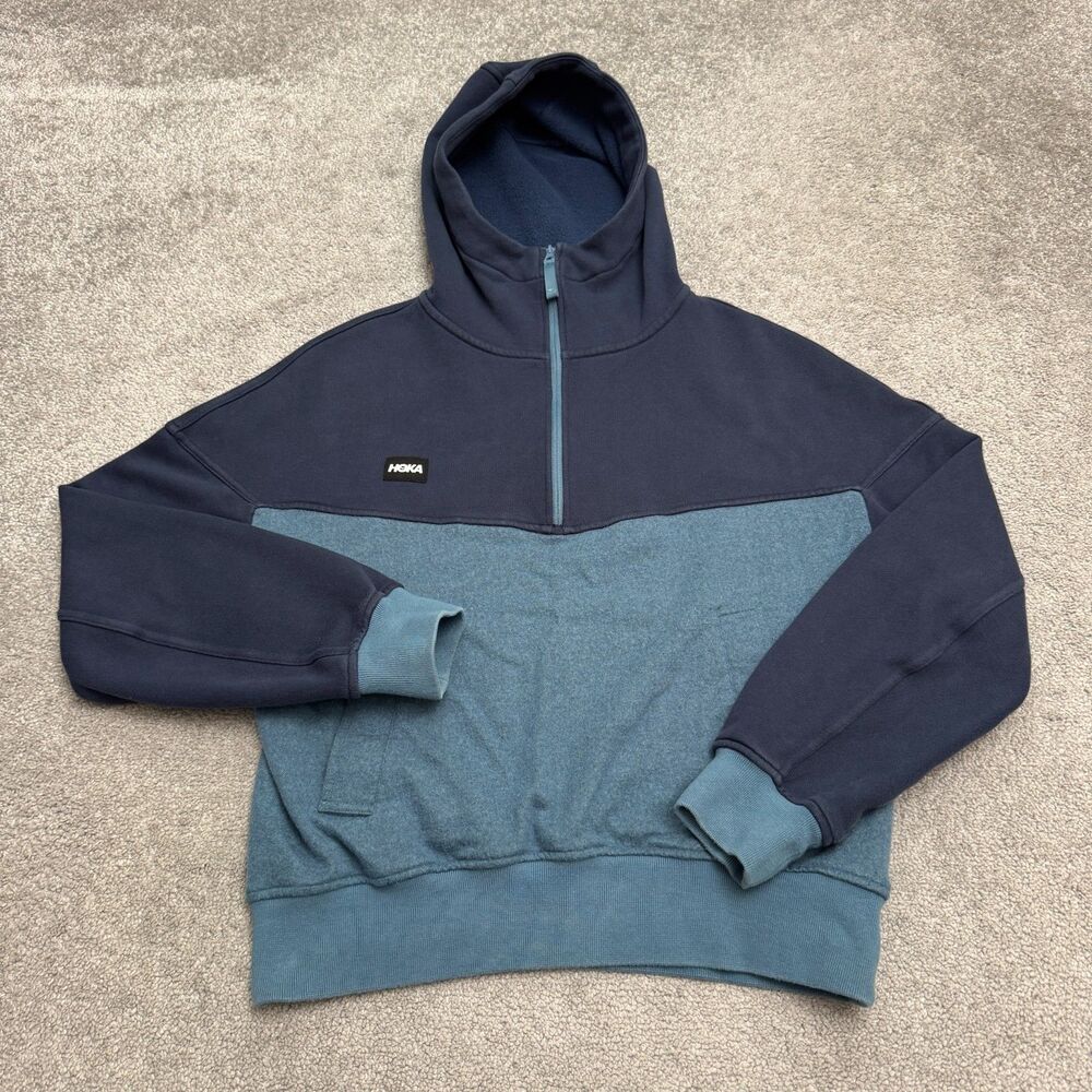Hoka One One Half Zip Fleece Hoodie Sweatshirt Womens Medium Blue Wool Blend